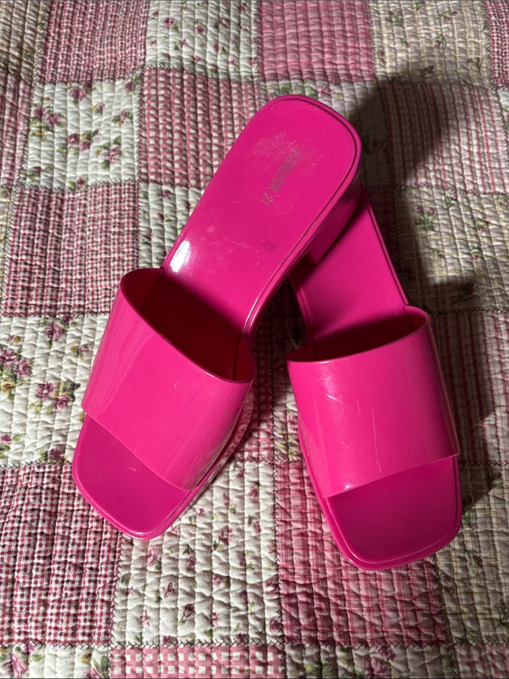 Hot Pink Slip-On Block Heel Sandals